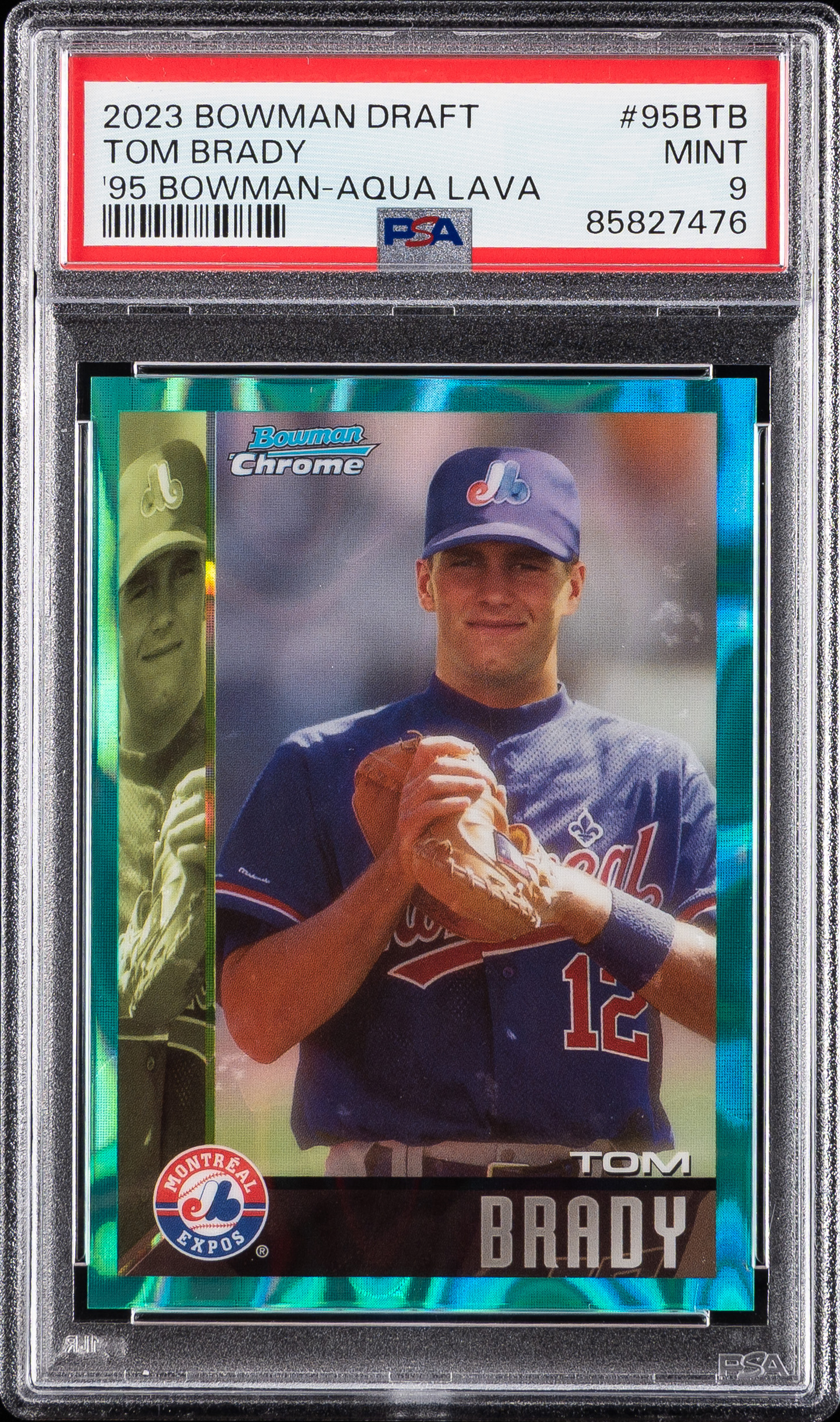2023 BOWMAN DRAFT 1995 BOWMAN AQUA LAVA #95BTB TOM BRADY 16/199 PSA 9