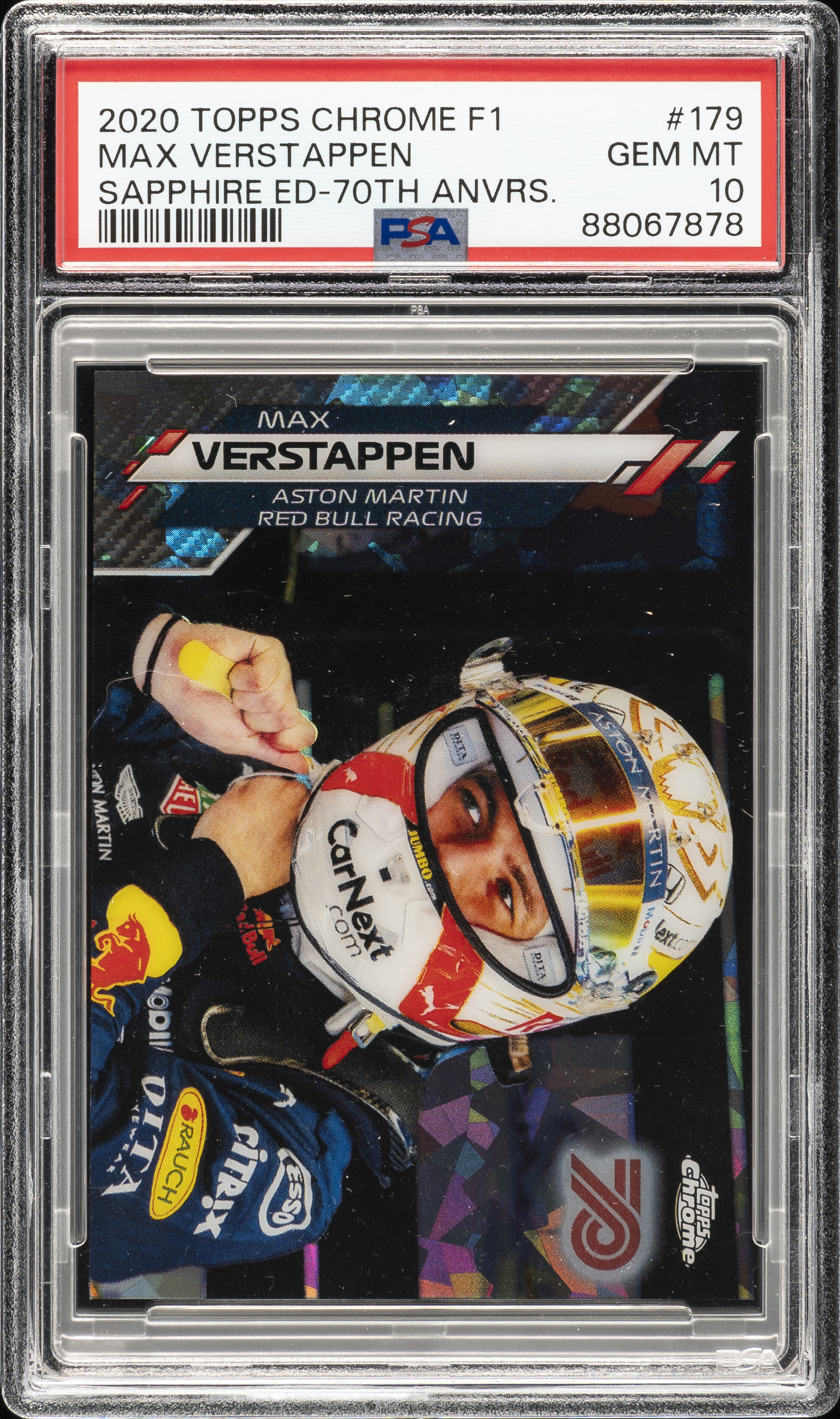 2020 Topps Chrome Formula 1 Sapphire Edition 70Th Anniversary #179 Max Verstappen Rookie Card (#18/70) – PSA GEM MT 10