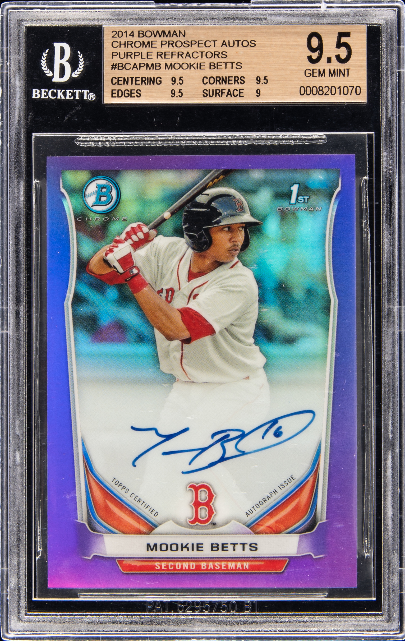 2014 Bowman Chrome Prospect Autographs Purple Refractor #BCAP-MB Mookie Betts Signed Rookie Card (#03/10) - BGS GEM MINT 9.5, Beckett 10