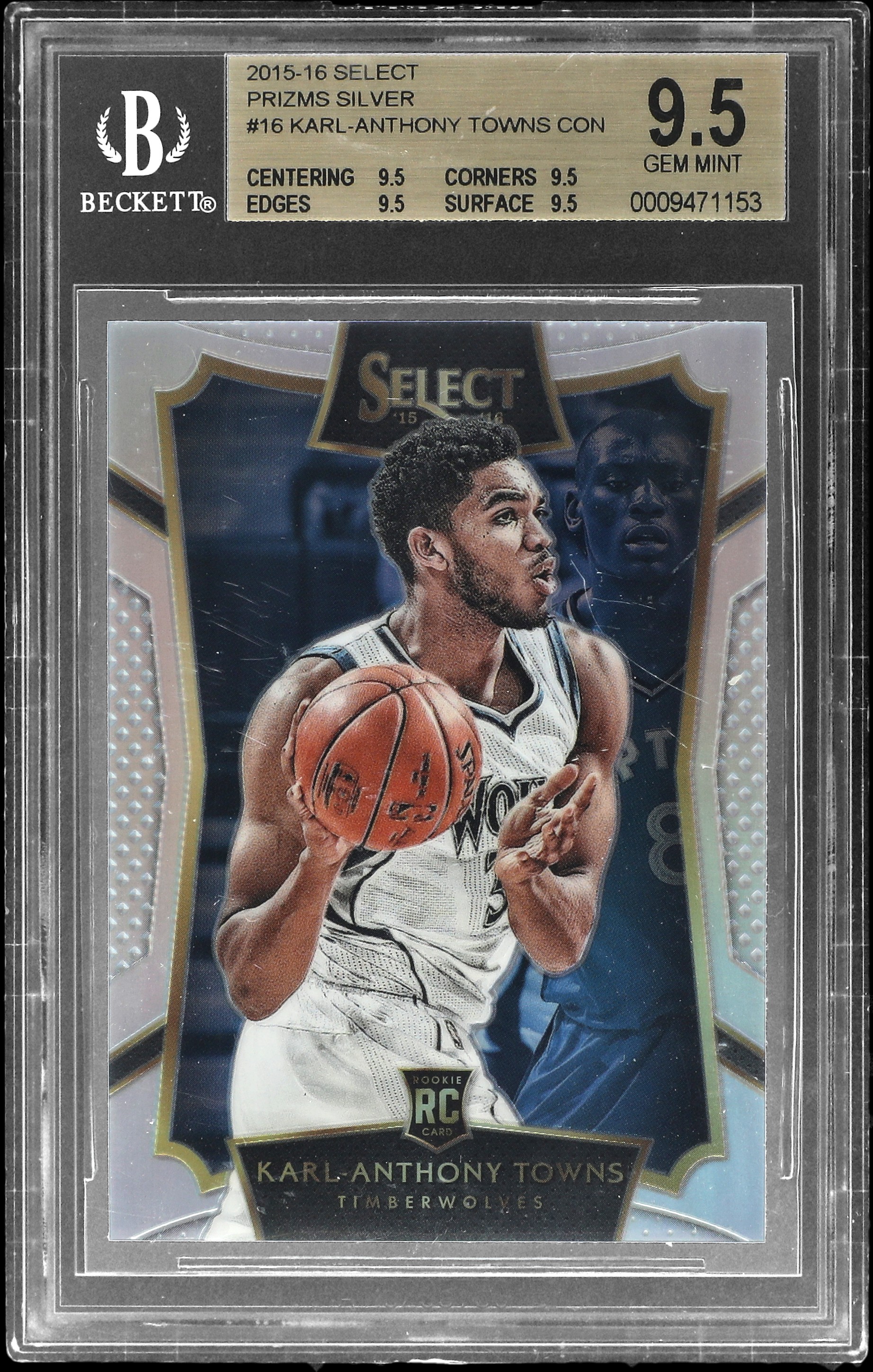 2015-16 Panini Select Prizms Silver #16 Karl-Anthony Towns Rookie Card – BGS GEM MINT 9.5