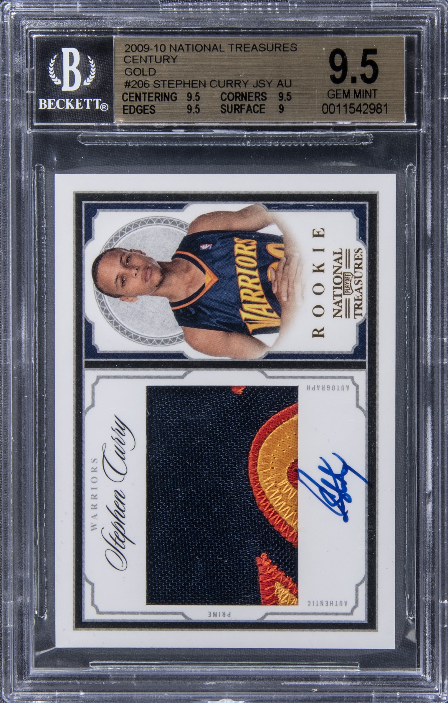 2009-10 Panini National Treasures Rookie Patch Autograph (RPA) Century Gold #206 Stephen Curry Signed Patch Rookie Card (#18/25) - BGS GEM MINT 9.5
