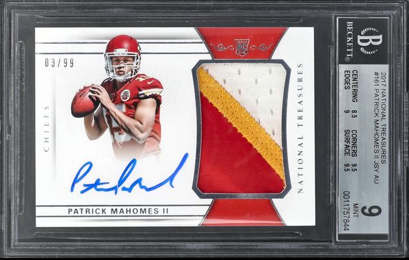 Lot Detail - 2017 Panini National Treasures #161 Patrick Mahomes Signed  Jersey Rookie Card RPA (#55/99) - PSA GEM MT 10