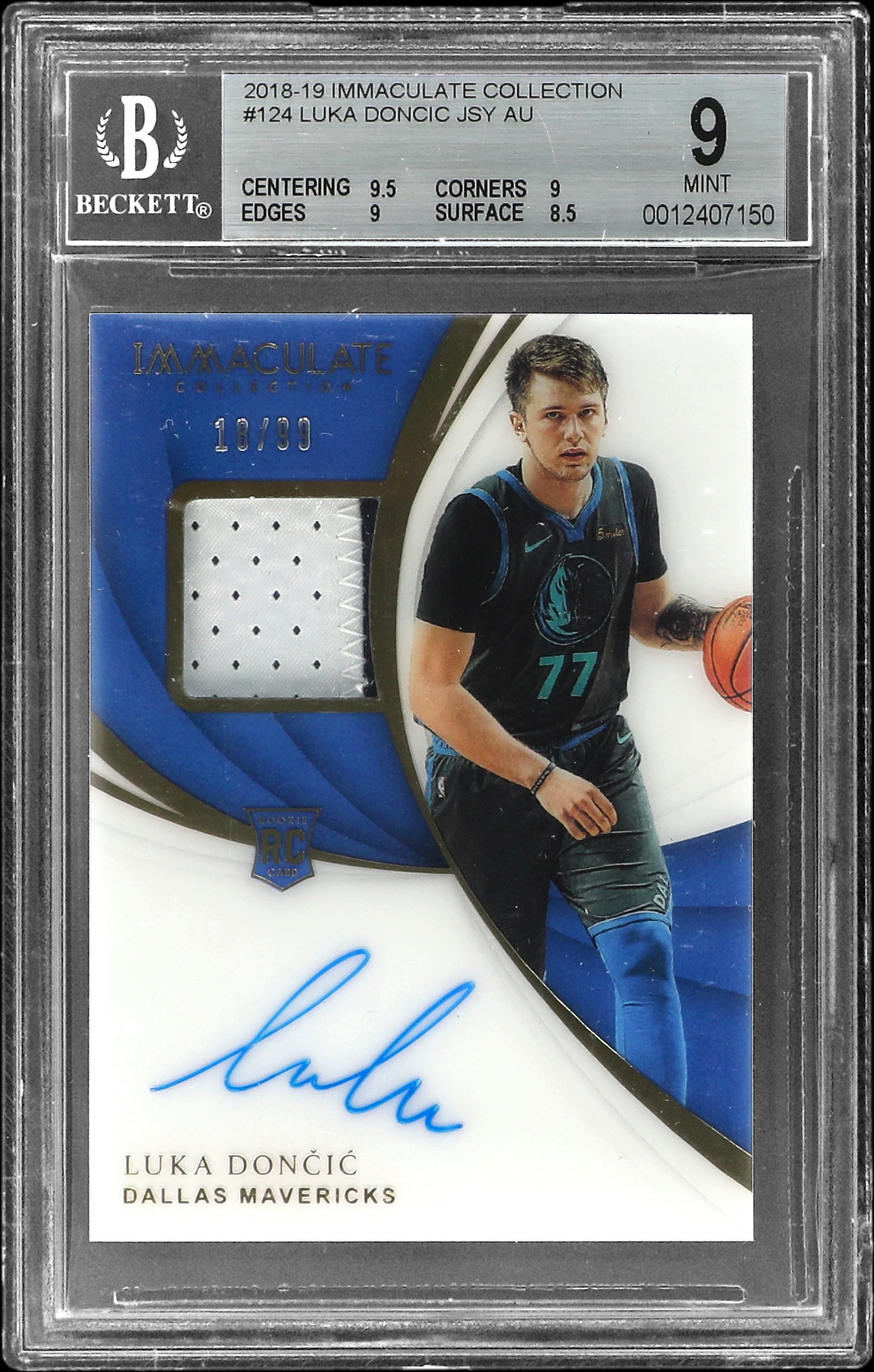 2018-19 Panini Immaculate Collection Rookie Patch Autograph (RPA) #124 Luka Doncic Signed Patch Rookie Card (#18/99) - BGS MINT 9, Beckett 10
