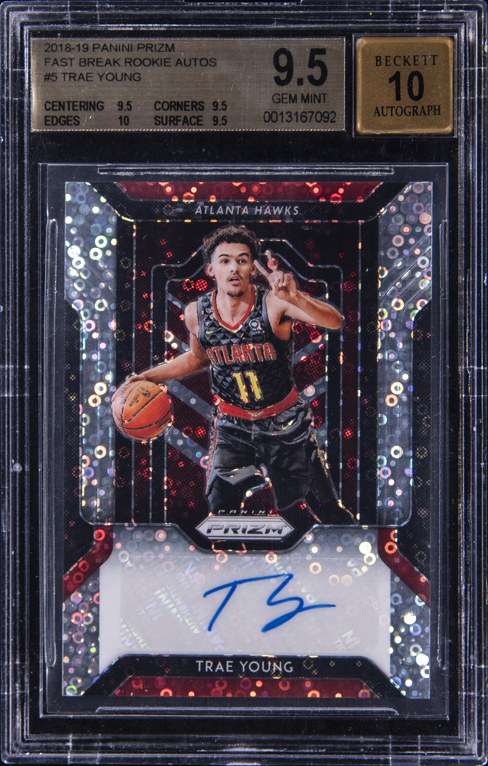 2018-19 Panini Prizm Fast Break Rookie Autogs 5 Trae Young Rookie Card – BGS GEM MINT 9.5