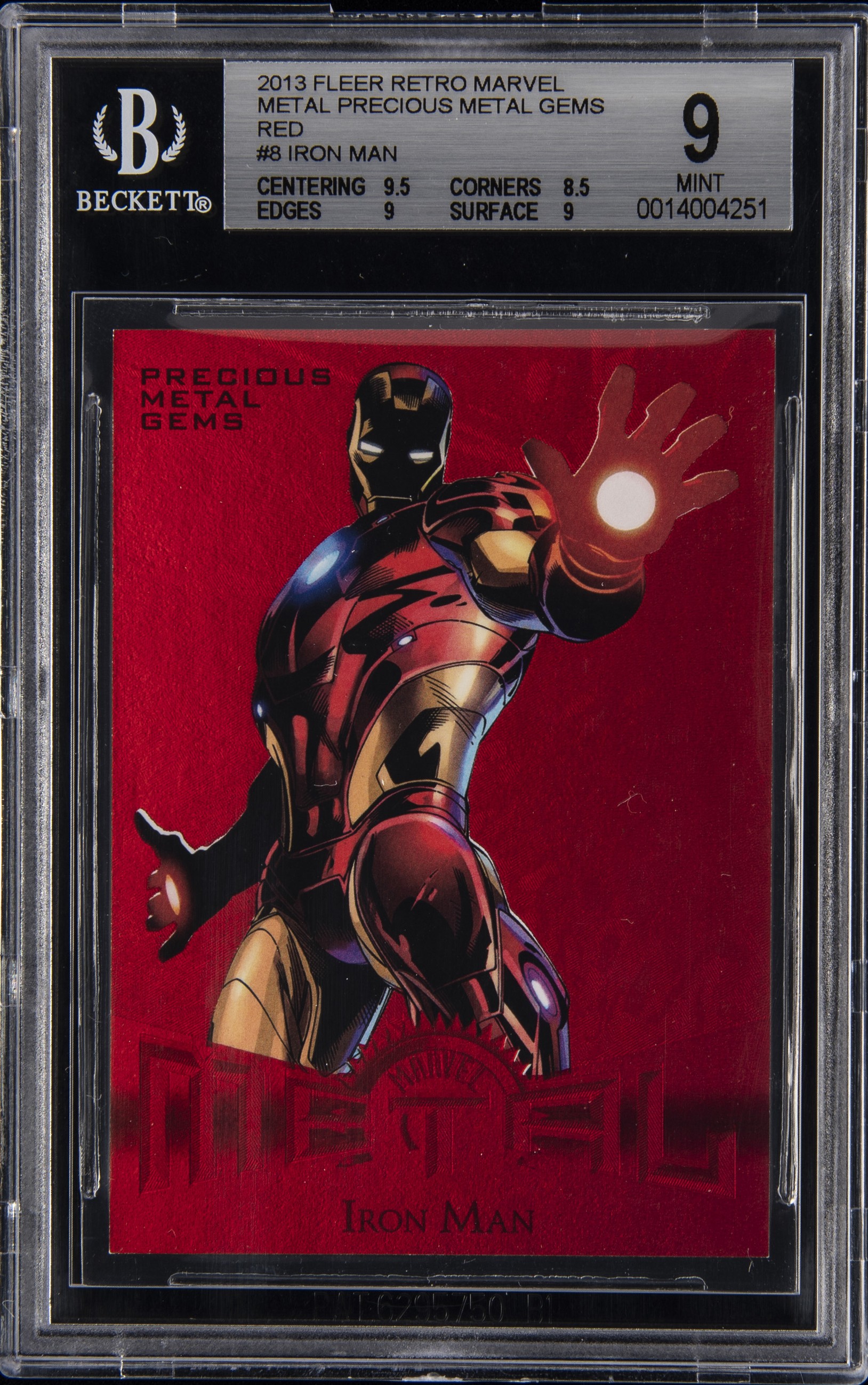 2013 Fleer Retro Marvel Metal Precious Metal Gems (PMG) Red #8 Iron Man (#043/100) - BGS MINT 9 - Pop 3
