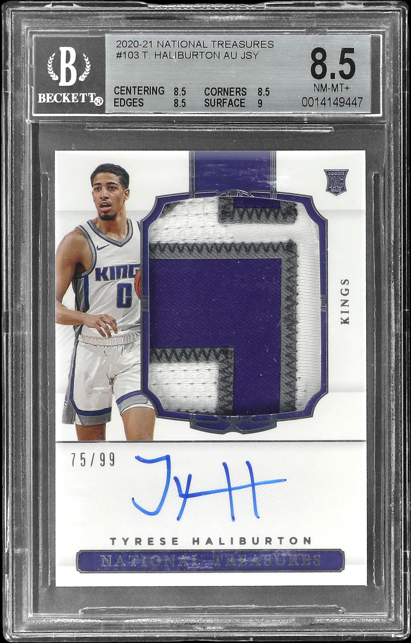2020-21 Panini National Treasures Rookie Patch Autograph (RPA) #103 Tyrese Haliburton Signed Patch Rookie Card (#75/99) - BGS NM-MT+ 8.5, Beckett 10
