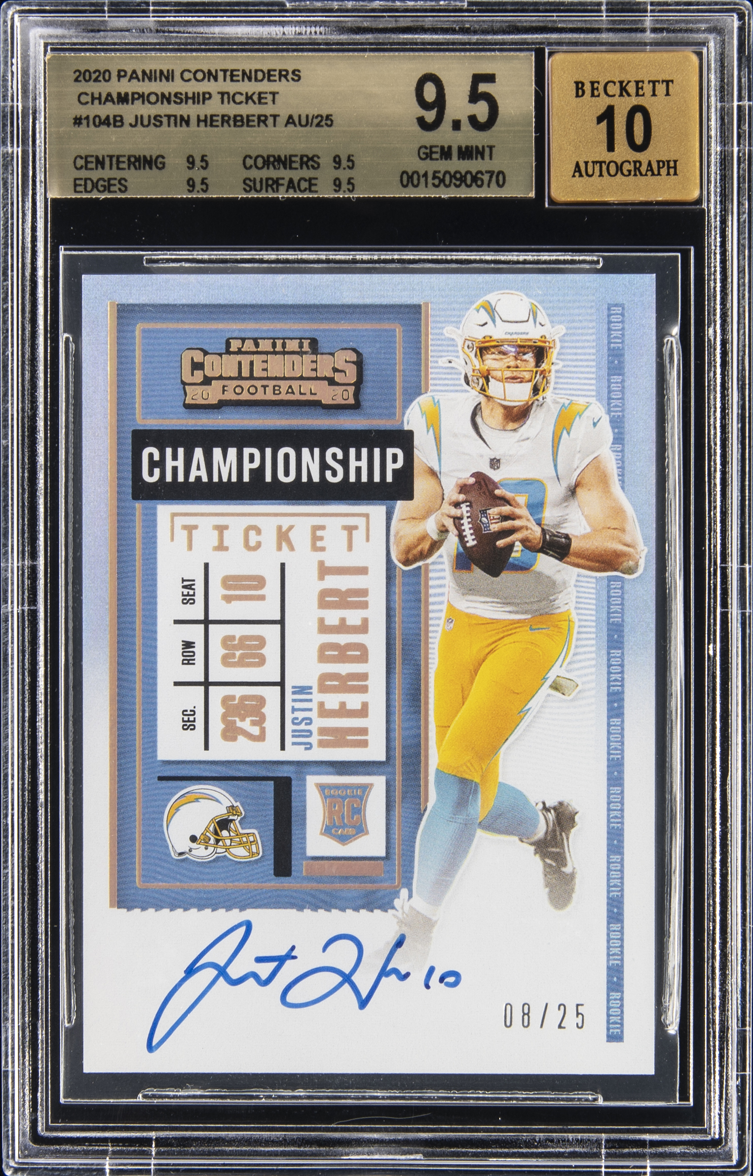 2020 Panini Contenders Championship Ticket Autograph Variation #104B Justin Herbert Rookie Card Signed Rookie Card (#08/25) - BGS GEM MINT 9.5, Beckett 10