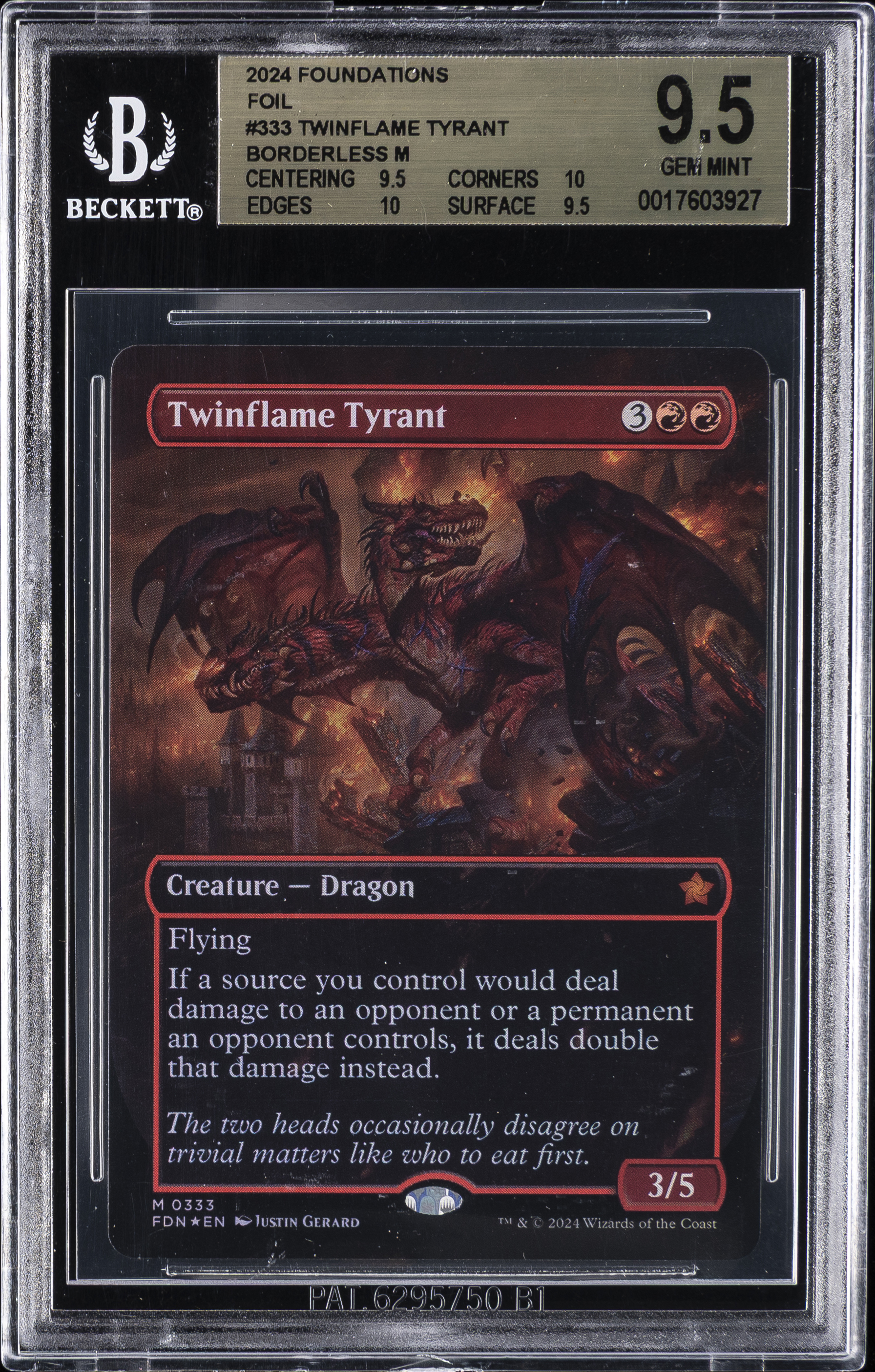 2024 #0333 Twinflame Tyrant BORDERLESS M BGS 9.5 Magic The Gathering Foundations Foil Magic The Gathering