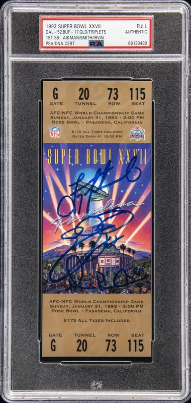 Jan 31, 1993 - Aikman/Smith/Irvin Signed Super Bowl XXVII Full Ticket -  PSA/DNA on Goldin Auctions