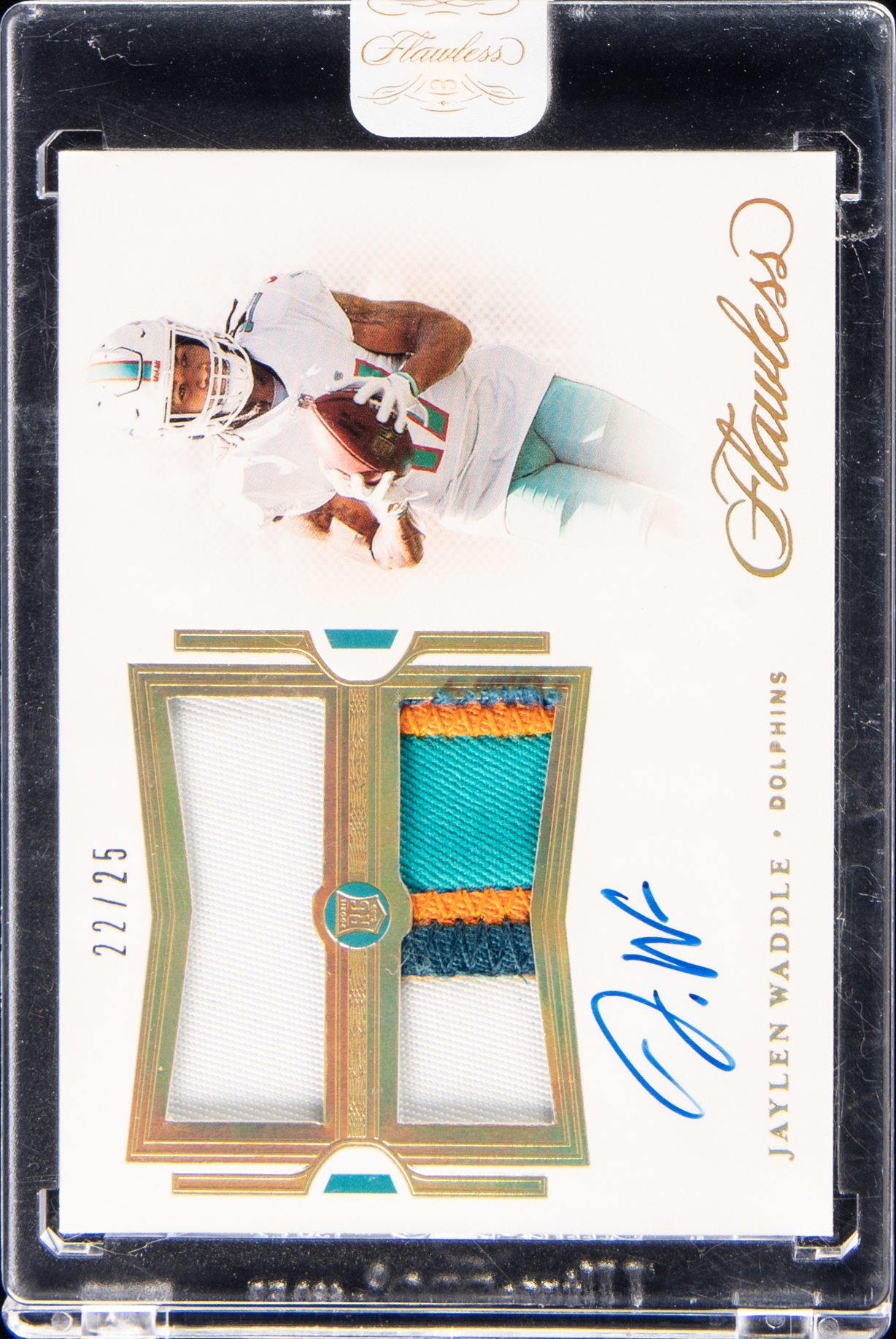 2021 Panini Flawless Football Rookie Dual Patch Autographs #RDPA-JWA Jaylen Waddle Rookie Card Signed Patch Rookie Card (#22/25) - Panini Encased